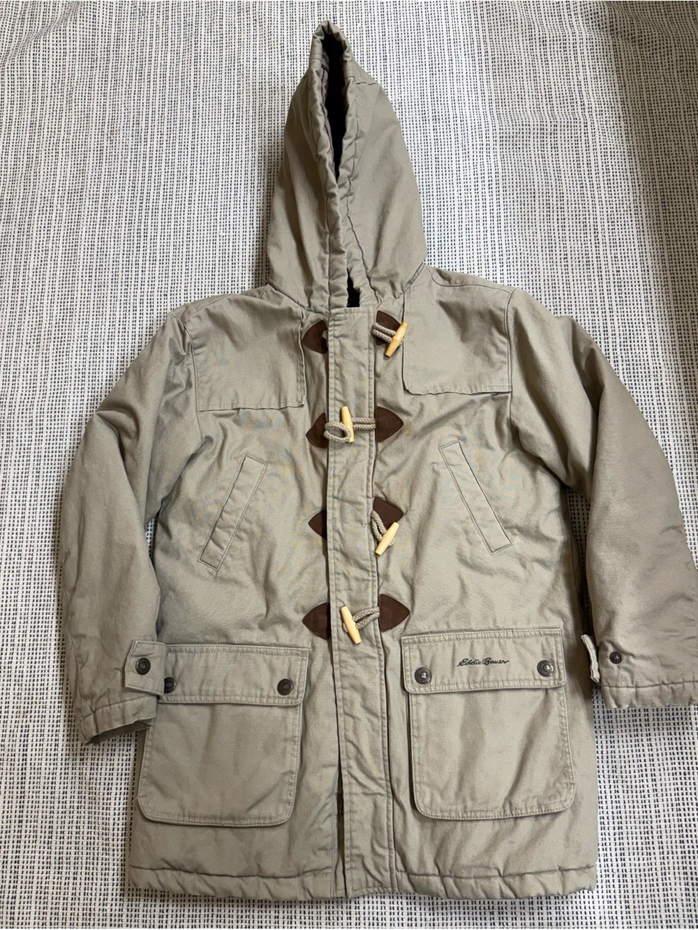 Eddie Bauer Hooded Toggle Trench Coat in Khaki with Brown Accents